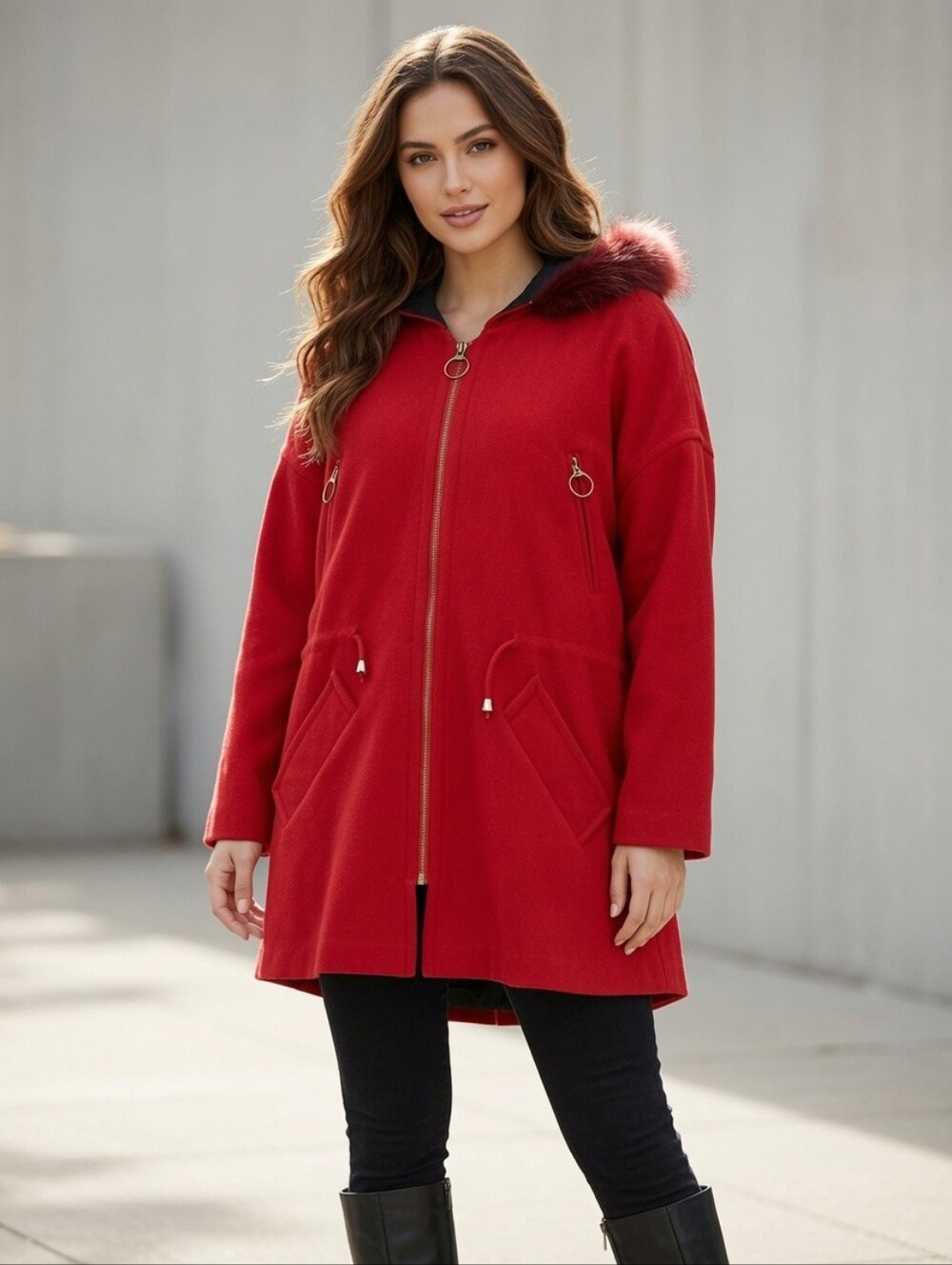 Vintage Red Women's Coat with Fur Trim